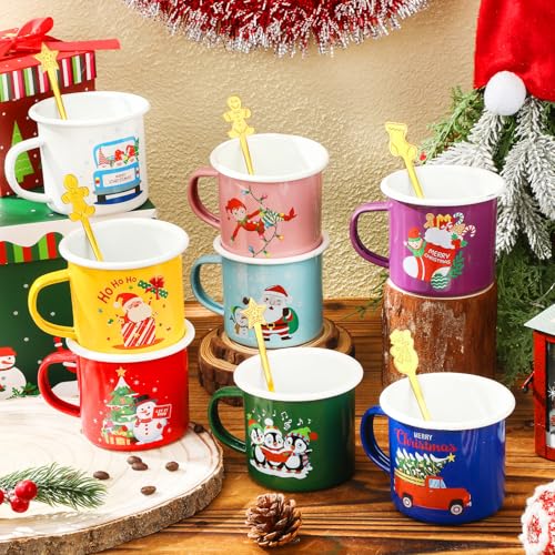 Sliner Juego de 8 tazas de café de Navidad con cuchara de Navidad de 12 onzas, taza de café esmaltada, diseño de cacao caliente, tazas de regalo de Navidad para amigos, compañeros de trabajo, oficina,