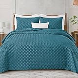 Exclusivo Mezcla Soft Quilt Set Queen Full Size, 3 Pieces Lightweight Quilts Teal Bedspreads Coverlets Bedding Set for All Seasons, Weave Pattern