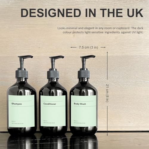 Recycled Plastic Pump Bottle Dispenser 3 x 500ml, Bathroom Bottles With Labels - Image 4