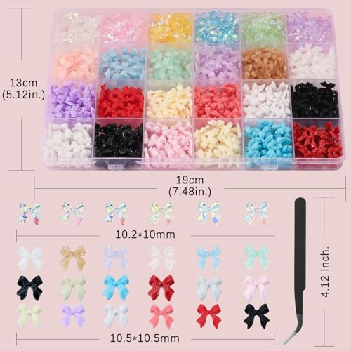 UWETIME 800Pcs 3D Resin Bow Nail Charms 4 Styles 24 Colors Bow Charms for Nails Decoration with Tweezers Tool