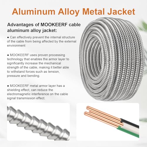 Image of MOOKEERF 14 /2 MC Cable with Ground - 200FT Pure Copper 14AWG /2 Metal Clad Wire with Aluminum Armor 14 Gauge 2 Conductor Type MC Alum Cable