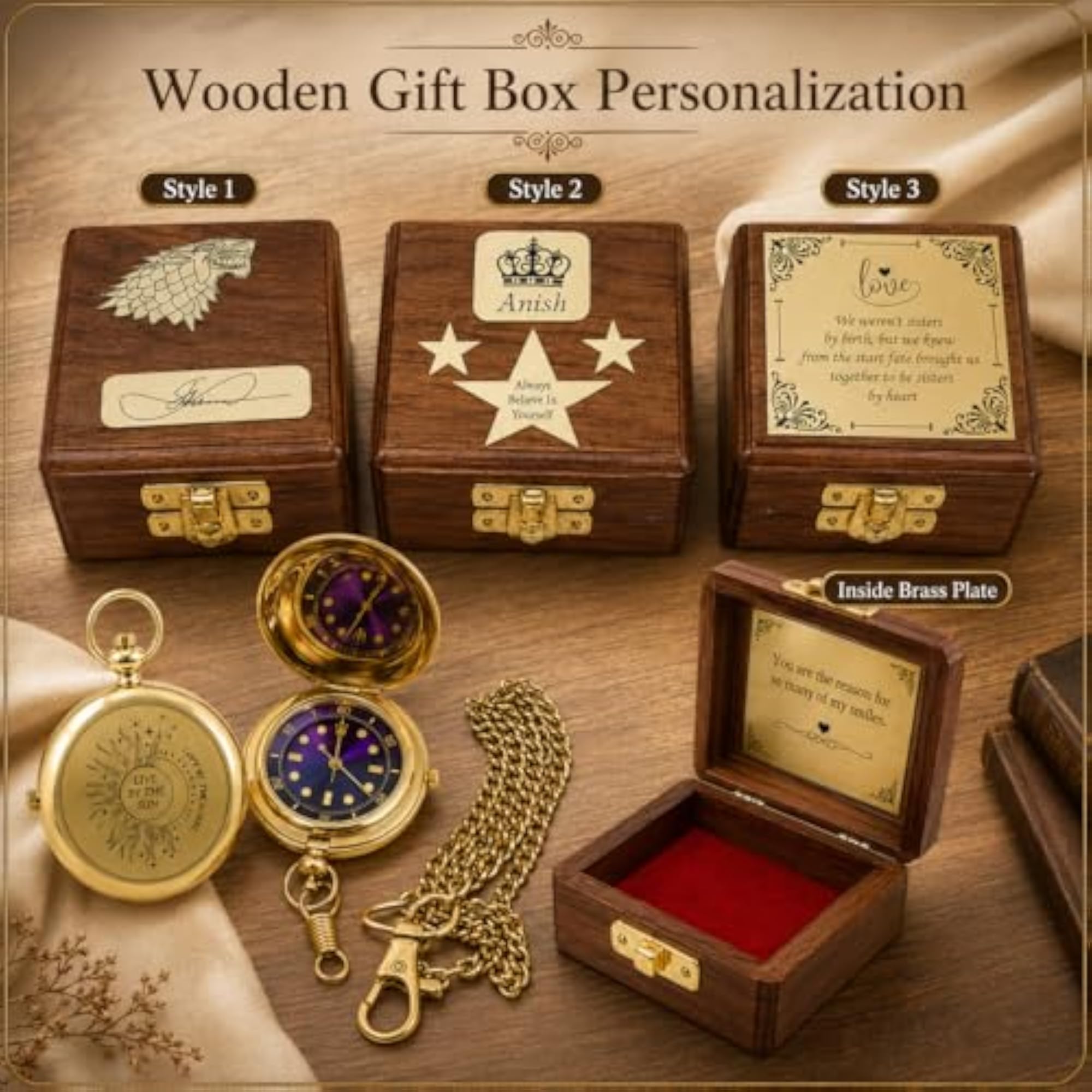 Brass Personalized Pocket Watch with Chain & Custom Wooden Box