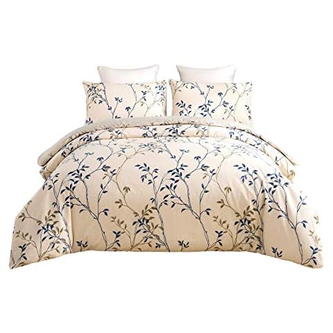 Tache Elegant Leaf Vine Nature Earthy Floral Neutral Cream Beige Tan Blue Breathable Poplin Cotton Zipper Duvet Cover, Queen Cover