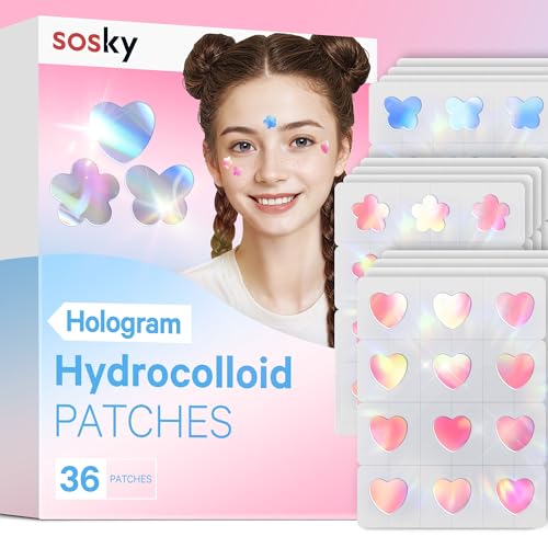 Image of Sosky Hologram Pimple Patches for Face, Hydrocolloid Acne Patches with Salicylic Acid, Cute Star Zit Stickers,Colorful Blemish Covers,36 Count Blue Pink Heart Butterfly Flower