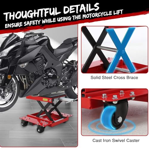 Image of Garveetech Motorcycle Lift Jack - 1200 LBS Transmission Scissor Stand with Wide Deck & Dolly, Thickened Rubber Pad for Dirt Bikes, Atvs, Street Bikes & Cruiser Motorcycles