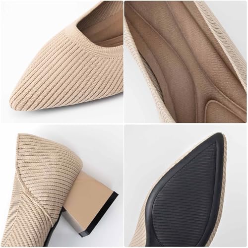 Women's Pointed Closed Toe Low Heel Knit Pumps Chunky Block Heels for Women Comfy Soft Lady Daily Work Office Casual Slip On Breathable Knit Shoes 1.57 Inch3