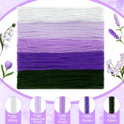 Image of Peryiter 500 Pcs Pipe Cleaners for DIY Flower Bouquets, Chenille Stems for Graduation Bouquet Crafts, Fuzzy Sticks for Handmade Flowers, DIY Gift, Art Projects(Purple Flower Color,12 Inch)
