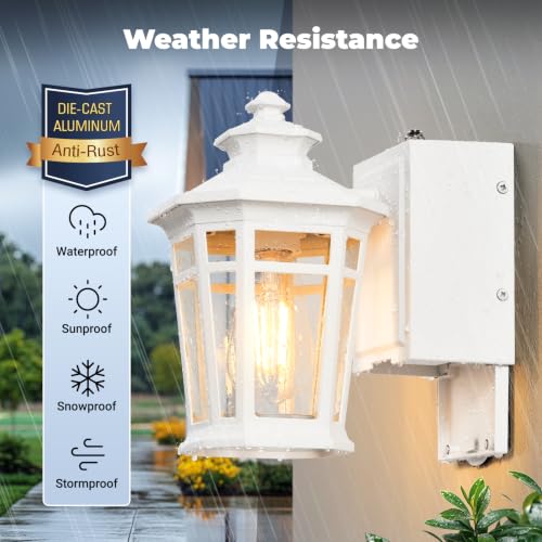 Image of Gleamz Outdoor Wall Lights with GFCI Outlet, White 2-Pack Exterior Lighting Fixtures with Dusk to Dawn Sensor, Porch Light with Outlet Wall Mount, Waterproof Front Door Light Fixture Outdoor