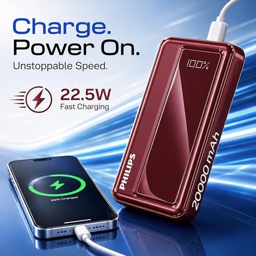 Image of Philips 20000mAh 22.5W Fast Charging Power Bank (Alba White) with Digital LED Display |Type-C & USB-A Input /Output | 3 Output Ports | Lithium Polymer |Portable for Mobile,Tablet&Earbuds (DLP1721NW /94)
