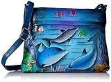 Anna by Anuschka Women's Genuine Leather Medium Crossbody with External Zipper Pocket | Hand Painted Original Artwork | Playful Dolphin