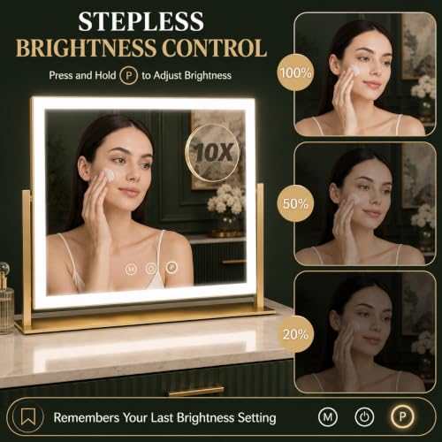 Image of FENNIO Vanity Mirror with Lights 13'' x 17'' Makeup Mirror with Lights,Vanity Mirror Touch Screen with 3-Color Lighting,Dimmable,for Vanity Desk Bedroom Gold