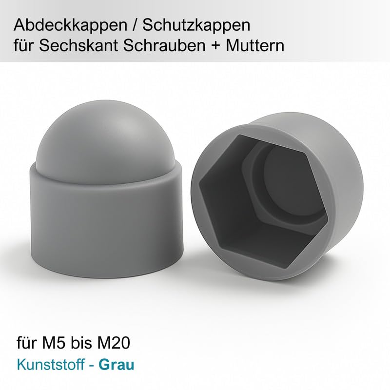 Sechskant Abdeckkappen [für M20 - SW 30 mm, 50 Stk] - Grau Kunststoff Schutzkappen für Schrauben & Muttern