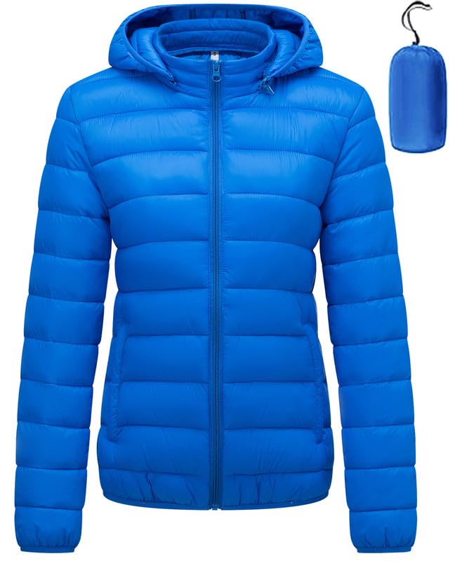 KVE Women's Hooded Packable Ultra Light Coat Warm Short Puffer Jacket Acid Blue M