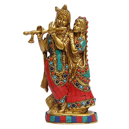 Artvarko Radha Krishna Messing mit mehrfarbigem Edelstein, Handarbeit, schöne Göttliche Liebespaar-Skulptur, Tempel, Puja, Heimdekoration, Geschenk, 20,3 cm
