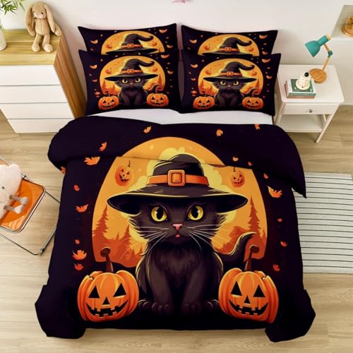 Funda Nórdica de Halloween para Cama 105 - Juego de Cama Microfibra Suave Halloween Calabaza Gato Negro, Negro Funda de Edredón para Niños Decoración del Dormitorio 200 x 200 cm