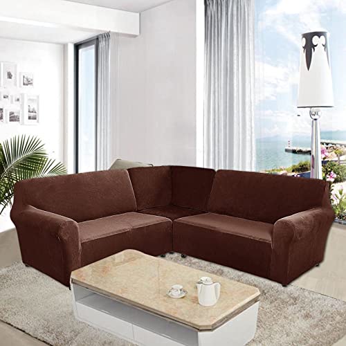 LJQAIZYL Funda Sofa Esquinero Ajustable,Fundas para Sofa 5 plazas,Funda Sofa Rinconera Elástica en Forma L,3 Piezas Funda de Sofá Antiarañazos de Terciopelo para Perros Gatos,Brown-5seats（3pcs）