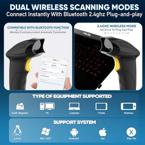 Image of Brontix X2-Cordless 2D & 1D Super Fast Barcode Scanner Wireless & Wired 2.4GHz | QR Code Scanner Rechargeable | USB Handheld Barcode Reader with Induction Scanning, Built-in Light, ABS Body |