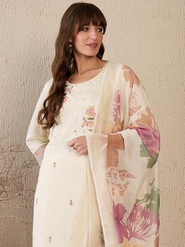 Image of INDO ERA Women Chanderi Silk Straight Floral Embroidered Kurta And Pant With Dupatta Set (IESTR9803)