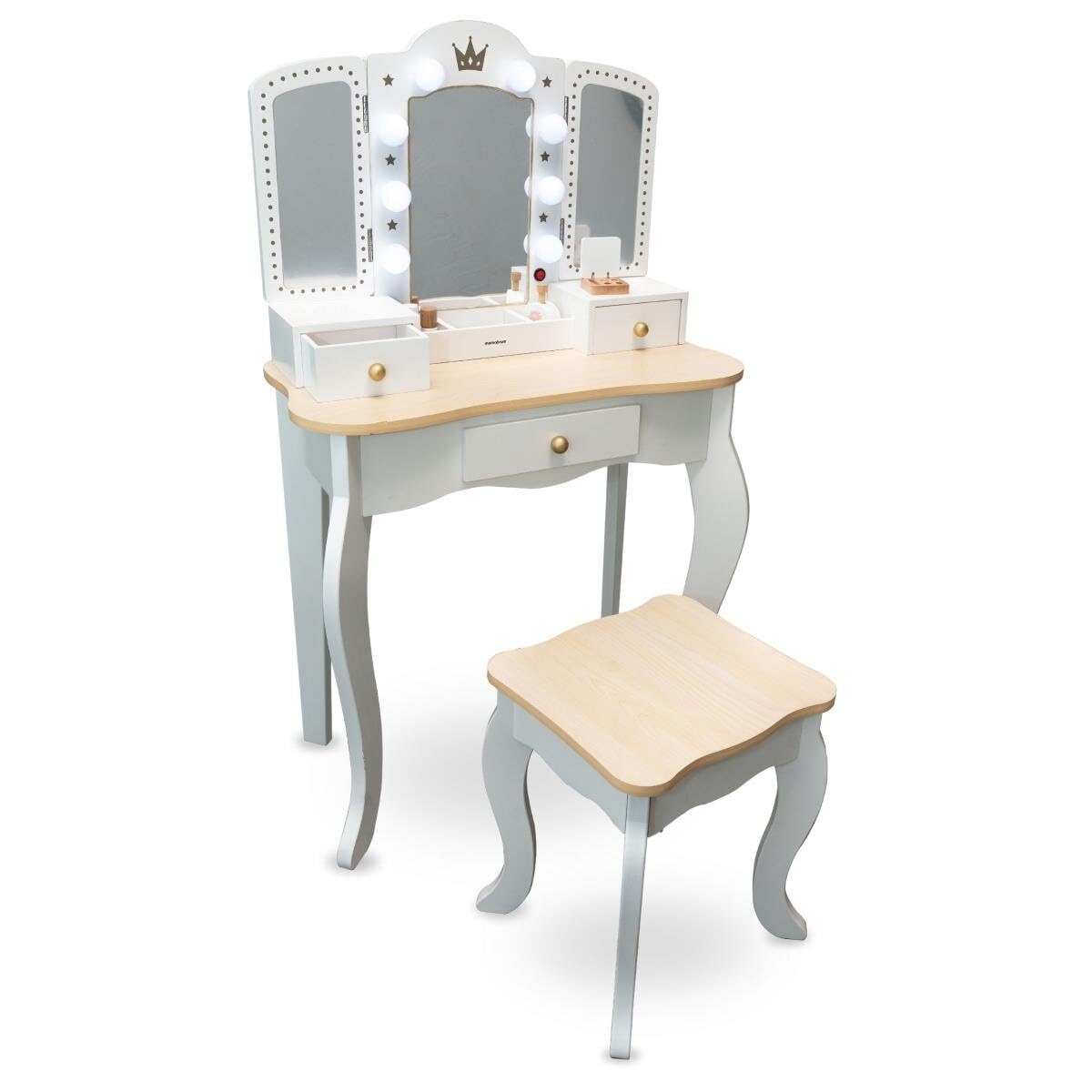 Mamabrum Coiffeuse en Bois pour Enfants 3+, XXL avec Tabouret et éclairage LED, Miroir à 3 Ailes, Grand tiroir, Accessoires, Maquillage de rôle, Structure Solide, Transformable en Bureau