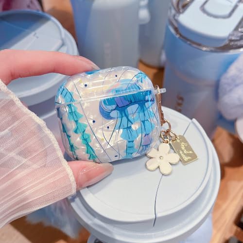 Image of MINSCOSE for Glitter AirPods 4 Case,Cute Shell Pattern Marine Life Design with Floral Keychain,Soft TPU Anti-Drop Shockproof Cover with Cleaner Kit for Women Girls for AirPods 4-Jellyfish