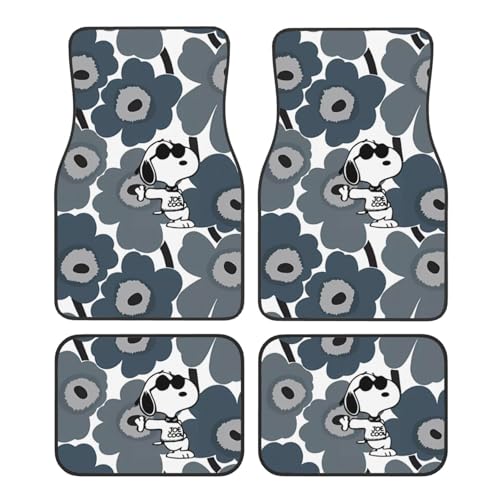 Asamike 車 フロアマット カーマット 4点セット(前席2枚・後席2枚) 可愛い スヌーピー 花柄 軽自動車 フロアマット 防水 丸洗いOK ズレ防止加工 滑り防止 耐汚れ 取付簡単 保護パーツ カー用品 軽 普通車 四季通用