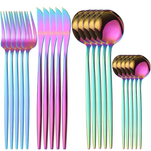 Image of 20 pcs Flatware Set, Rainbow Silverware Set for 5, Knife Fork Spoon, Stainless Steel Home Dinnerware Tableware,Mixed Cutlery Set Eating Utensils for Restaurants (20 Pcs Rainbow)