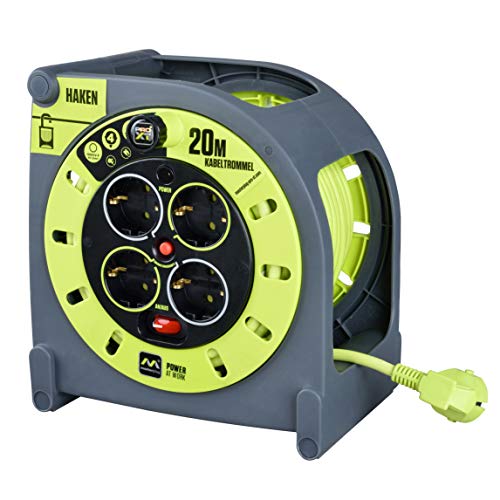 Masterplug HMG20164SL/HK-PX Alargador 4 enchufes, Ganchos de fijación, manivela Enrollable, protección térmica e Interruptor de Red, Cable Visible de 20 Metros, 3000 W, 230 V, 20m