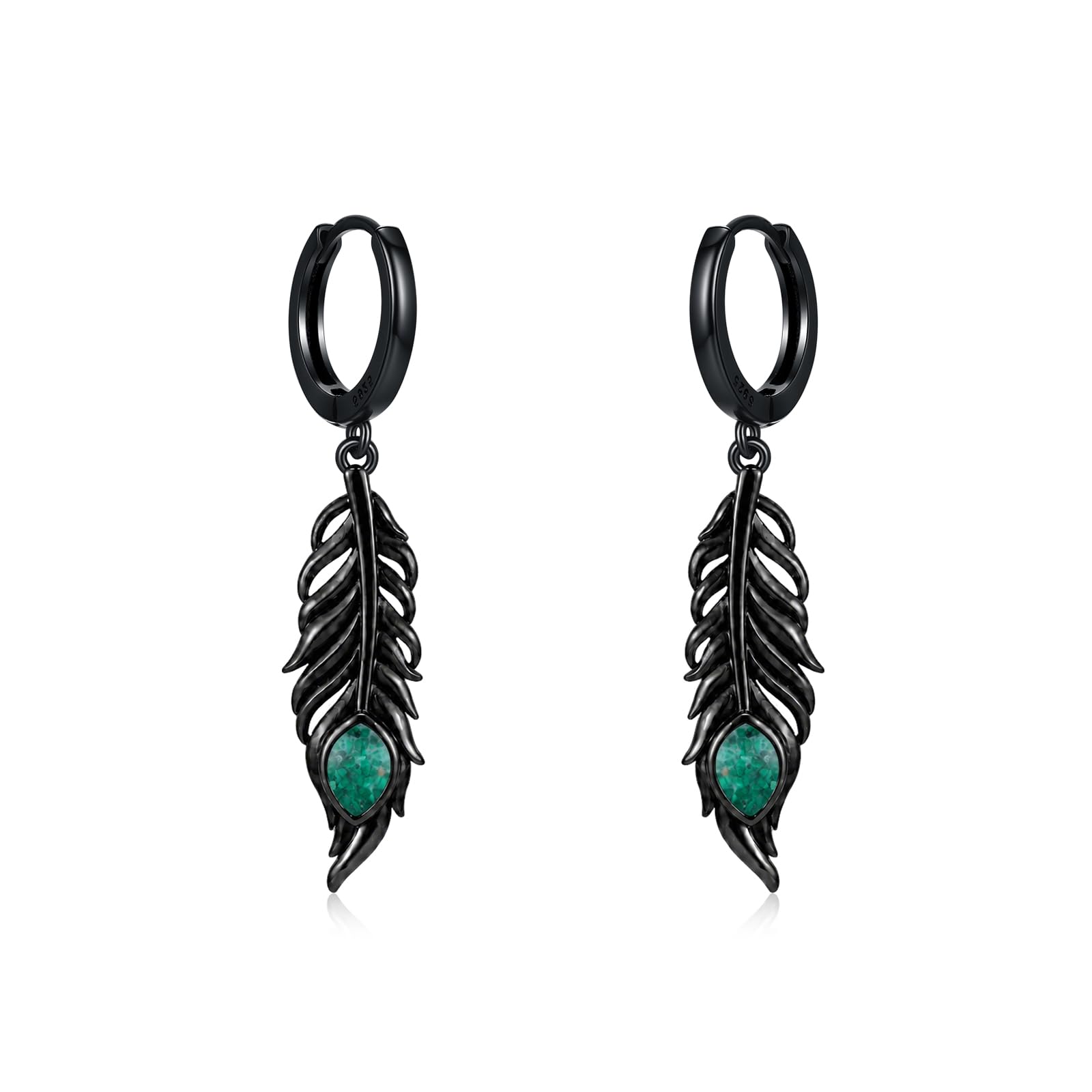 REDSUN Orecchini a cerchio in argento Sterling S925 con piuma nera con malachite, orecchini pendenti in stile bohémien, per uomo e donna