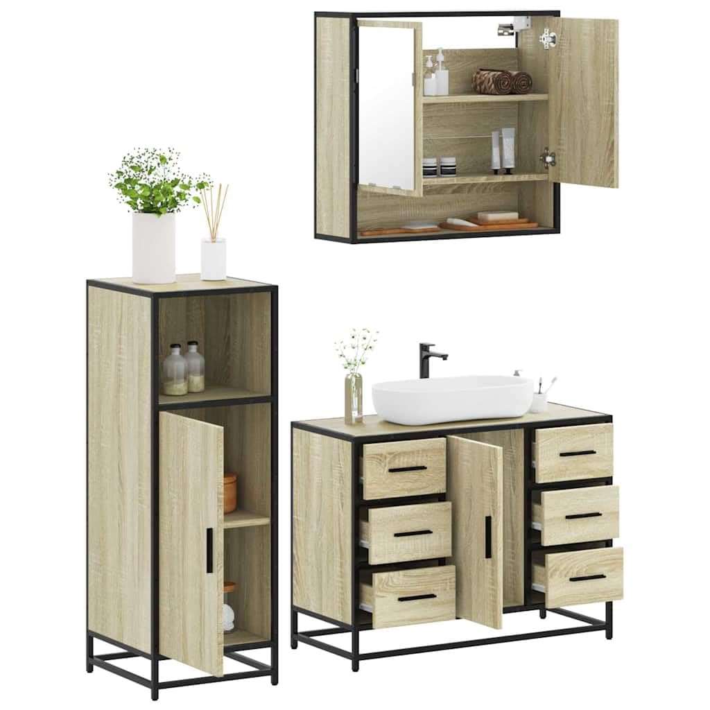 3-TLG. Badmöbel-Set Sonoma-Eiche Holzwerkstoff mit Spiegel, Waschbeckenunterschrank und Badezimmerschrank für Badezimmer, Stauraum, Wandmontage, platzsparend, langlebig, modernes Design