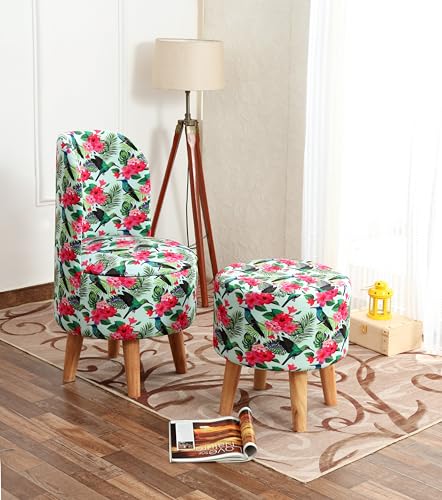 Image of NACIA Velvet Printed Ottoman Chair with Stool Combo | Dressing Table Chair for Bedroom Makeup Room Decor | Modern Upholstered Ottoman with Wooden Legs for Living Room & Home (18x18x32 Inches, Parrot)