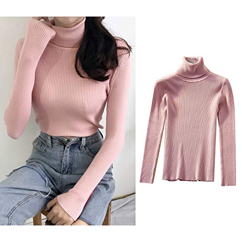 kowaku Suéter Feminino Feminino de Gola em Malha com Gola com Nervuras - Rosa