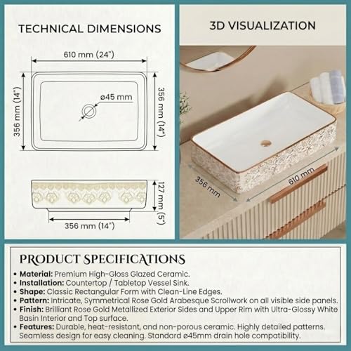 Image of BASSINO 24x14x5 Inches Ceramic Table Top Wash Basin /1 Year Warranty /White & Rose Gold Basin for Bathroom /Rectangular Ceramic Countertop Washbasin for Bathroom /Dining Hall /Living Room(Glossy)