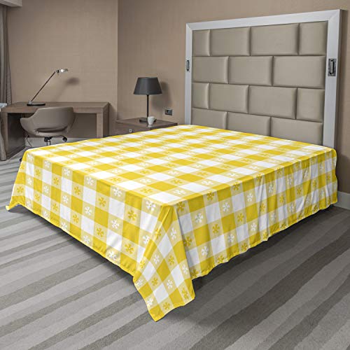 Ambesonne Yellow and White Flat Sheet, Checkered Motif with Little Spring Blooms Classic Country Picnic Pattern, Soft and Comfortable Top Sheet Decorative Bedding 1 Piece, Full Size, Yellow White