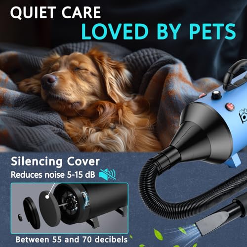 Blanlody Hundefön Blower Sehr Leise 5.2 PS / 3800W Motor Einstellbare Geschwindigkeit, Hundepflege-Trockner-Gebläse mit 4 verschiedenen Düsen elastischem Schlauch (Blue)