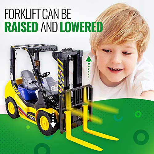 WolVol 6-Channel Electric Remote Control Forklift - Functional RC Lighted Fork Lift Toy w/ Pallet, Barrel, Rechargeable Batteries & Charger - Pretend Construction Playset for Kids
