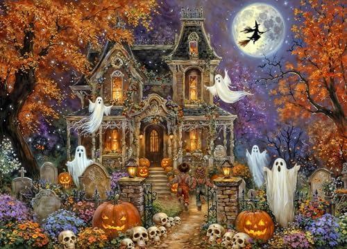 Halloween Castle Jigsaw Puzzle 1000 Teile Erwachsene | Tipps zu den Buchstaben des Rückens/Abschnitte A-D, großes Poster, Größe 70×50cm, staubfrei, Halloween Puzzle Geschenke