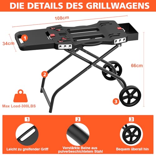 Denmay Tragbarer Grillwagen mit Rad für Weber Q1200, Q1000, Q2200, Q2000 Serie, für Blackstone 43CM 56CM Tischgrillplatten, Faltbarer Grillwagen, Grillständer für draußen