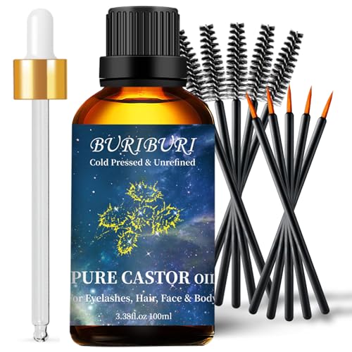 Image of BURIBURI Castor Oil Pure Carrier Oil with Applicator Kit, 100% Pure, Organic, Cold-Pressed, Natural Castor Oil 100ml /3.38fl.oz