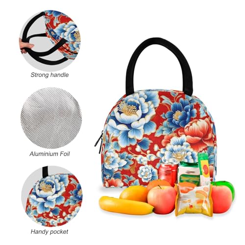Backpack Lunch Bag Set Chinese Floral Pattern Print, Big Storage Travel Backpacks with Insulated Lunch Box for Office Hiking Picnic4
