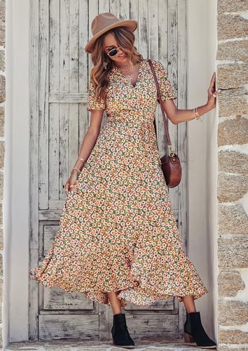 Image of PRETTYGARDEN Women's Summer Wrap Maxi Dress Casual Boho Floral V Neck Short Sleeve Ruffle Hem Split Beach Long Dresses