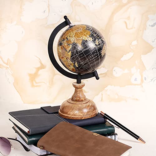 CASADECOR Home Décorative Educational Globe Blue Metallic Black Arc With Metallic Arc & Wooden Base Color Brown & Black 5 Inch Rotating Globe Pack of 1