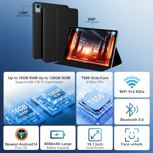 Image of Androind 14 Tablet, 10.1 Inch Tablet, 16GB RAM 128GB ROM 1TB Expand, 8000mAh Battery, 10.1 Inch Octa-Core with 13MP+8MP Camera /Bluetooth /GPS /WiFi /HD Display, Light Blue.