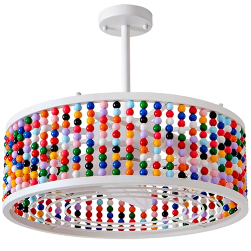 Image of Ceiling Fans with Lights and Remote and Downrod, Caged Ceiling Fan with Handcrafted Beaded Decor 6 Speeds Reversible 19 inches Bulbs Included for Angled Ceiling, Colorful