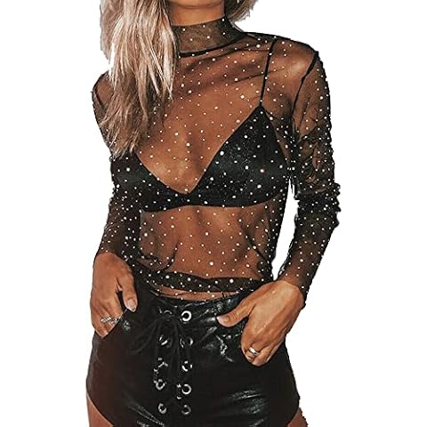 Michellecmm Women's Mesh Tops Long Sleeve See Through Sheer Glitter Sequin Tops Turtleneck Neck Blouse Sexy Clubwear T Shirts Cover