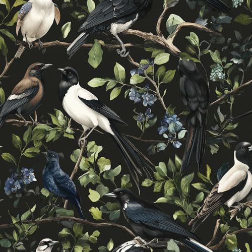 Papel pintado autoadhesivo Bosque de pájaros góticos plantas de hojas verdes y azules Papel tapiz adhesivo para sala de estar dormitorio papel tapiz art déco impermeable papel tapiz de vinilo con rev