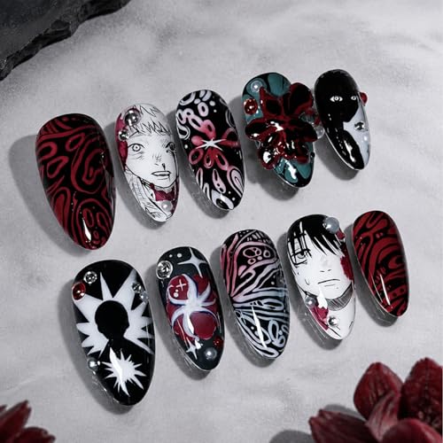 30Pcs Gothic Press on Nails Medium Almond Fake Nails Horror Goth with Gem Rhinestones Design Black White Red Gloss Acrylic Nails Punk Cartoon Anime Designs Y2k False Nails for Women Manicure Decor