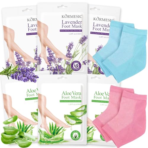 6 Pares Mascarilla Pies Exfoliante,Máscara Pies Peeling,mit 2 Calcetines hidratantes para talón,Hidratación,Mujeres y Hombres Quitar Piel Muerta y Callos(3 Aloe Vera + 3 Lavanda)