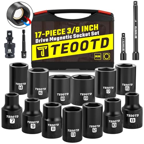 TEOOTD 3/8 Inch Drive Magnetic Socket Set, 17 PCS Metric Magnetic Sockets, 7mm-19mm, 6 Point, Cr-Mo, Magnetic Impact Socket Set with Extension Universal Joint, Drill Bit Adapter & Case
