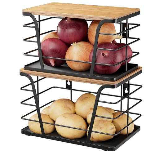 2 Pack Kitchen Organizers and Storage - Stackable Potato and Onion Storage Bin,Kitchen Cabinet Organizer with Lightweight PP Mat and Bamboo Top,Onion Basket for Kitchen Counter Organizers,Black