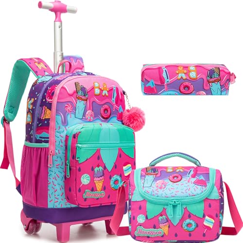 MYHSBYO Girls Rolling Backpack with Lunch Box School Backpacks with Wheels 16.5 Roller Backpack for Girls 3pcs Kids Wheeled Bookbag for Elementary School